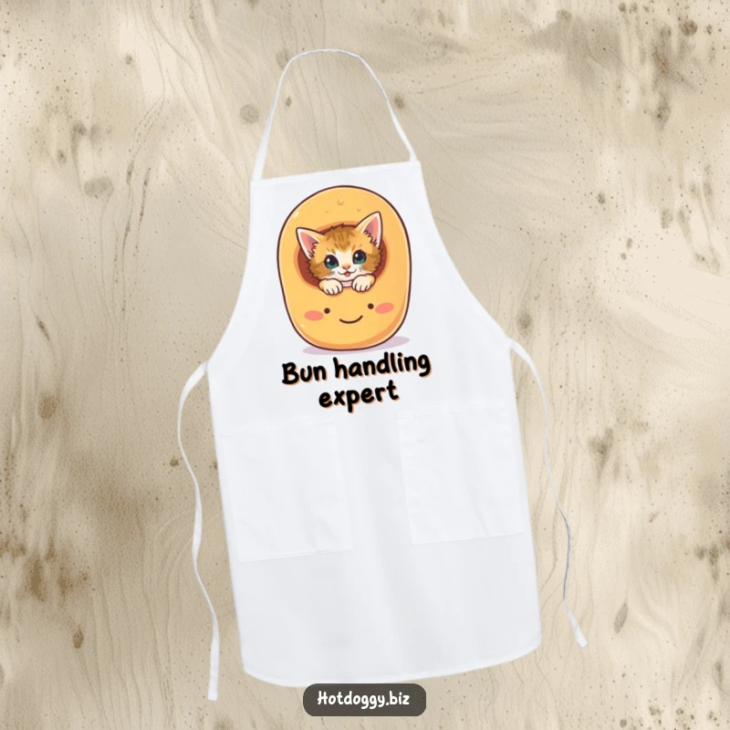 Funny curious kitten peeking out from a hot dog bun while wearing a cute kitchen apron.