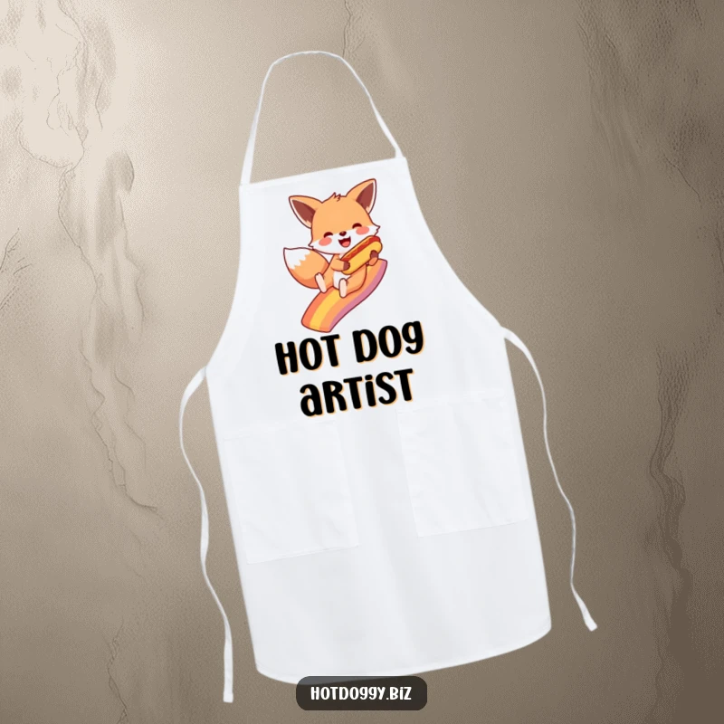Funny fox joyfully slides down a vibrant rainbow, clutching a tiny hot dog, adding a whimsical and hilarious touch to cooking on an apron.
