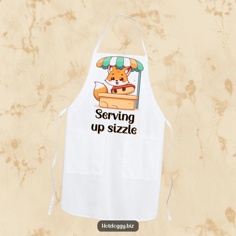 Funny apron showcasing a smiling fox character serving a giant hot dog, making kitchen duties a humorous affair.