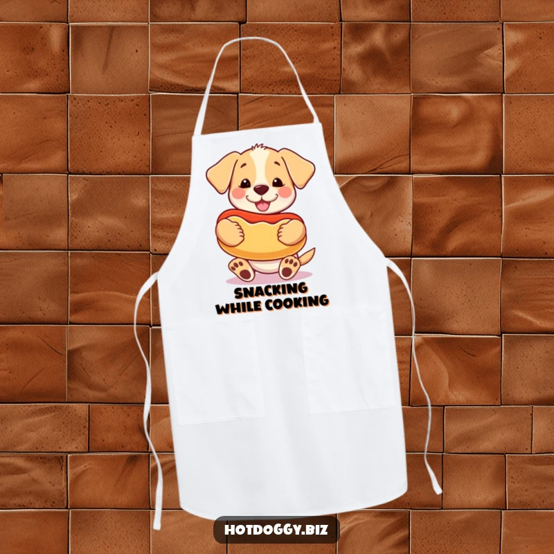 Funny happy puppy holding a giant cartoon hot dog like a toy while wearing a kitchen apron.