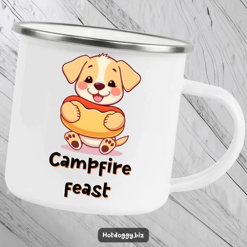 Funny happy puppy holding a giant cartoon hot dog like a prized toy on a durable enamel camping mug.