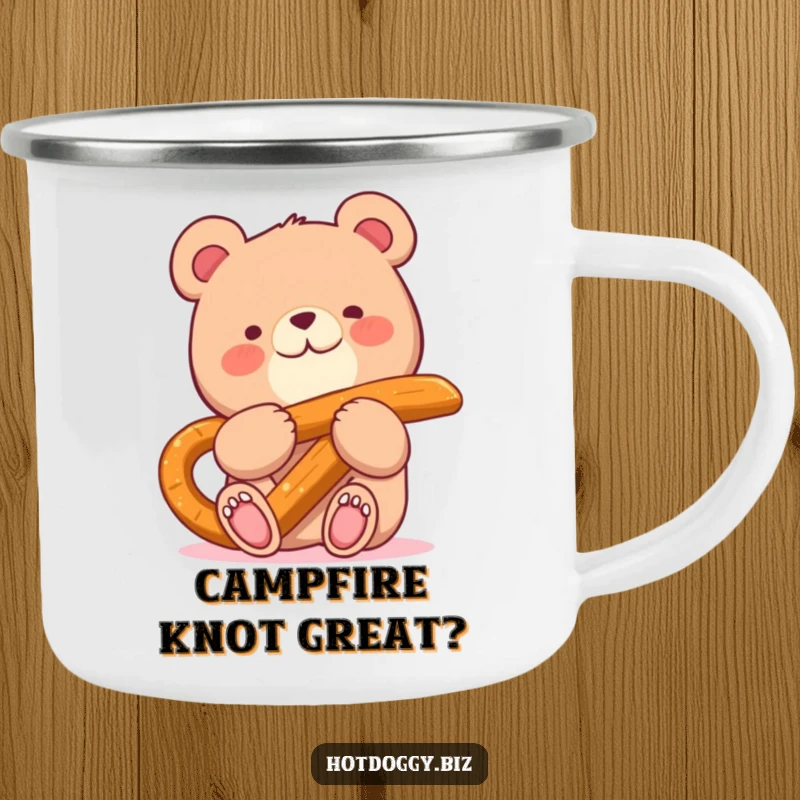 Funny camping mug with a happy bear character enjoying a giant pretzel stick, perfect for outdoor adventures.