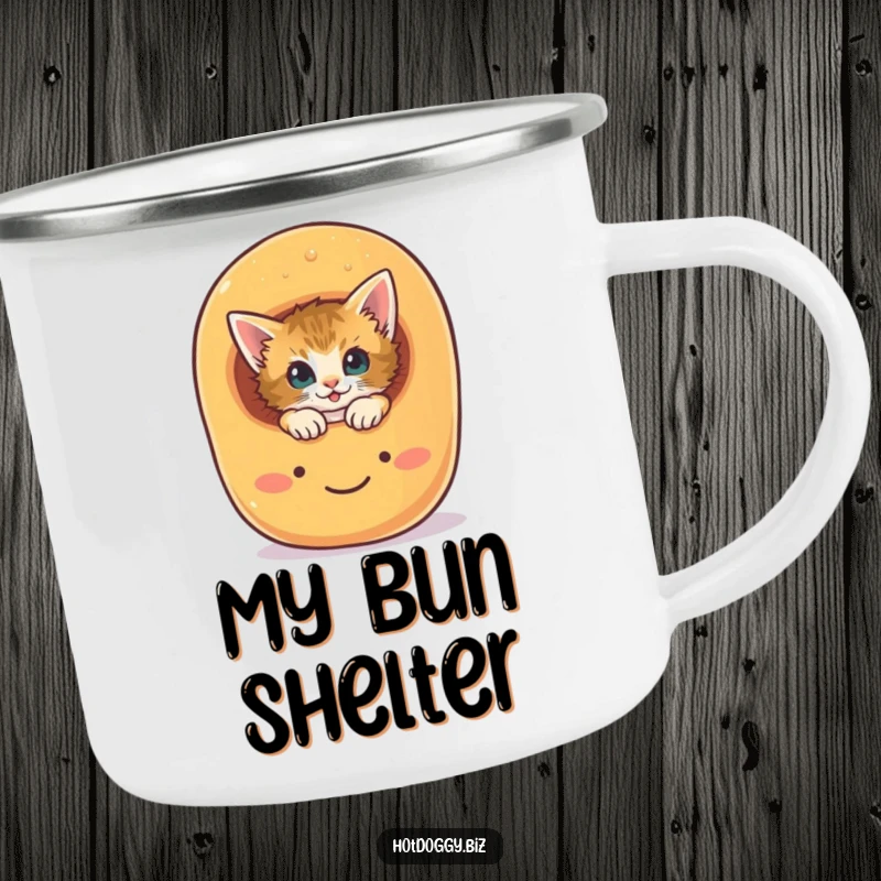 Funny curious kitten peeking out from a smiling hot dog bun on a durable enamel camping mug.