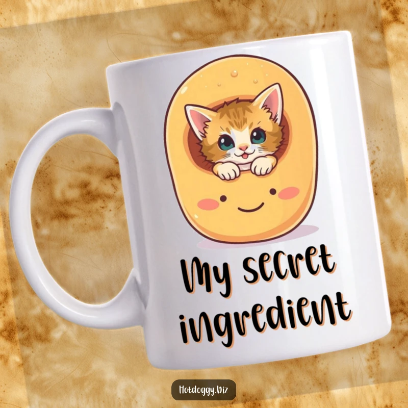 Funny curious kitten peeking out from a large, smiling hot dog bun on a mug.