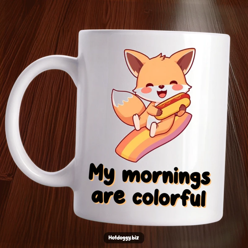 Funny fox slides down a vibrant rainbow holding a tiny hot dog, radiating pure joy and silliness on this delightful mug.