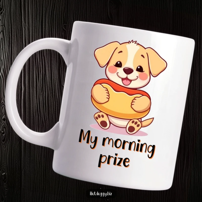 Funny happy puppy holding a giant cartoon hot dog like a cherished toy on a mug.