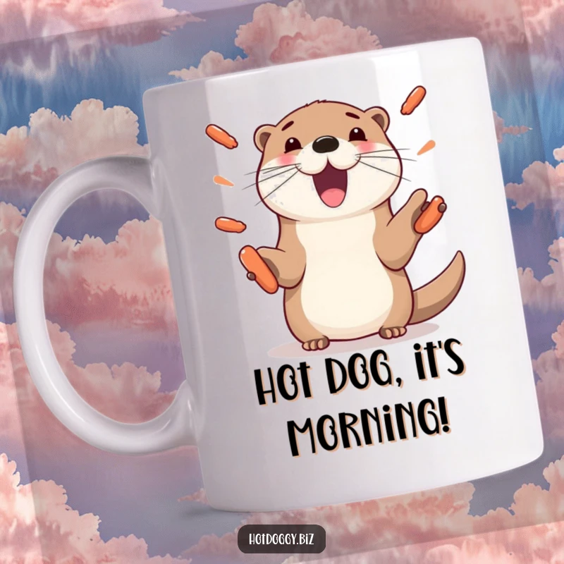 Funny otter mug, with playful paws, skillfully juggling multiple mini hot dogs, a hilarious and unique food-themed scene.