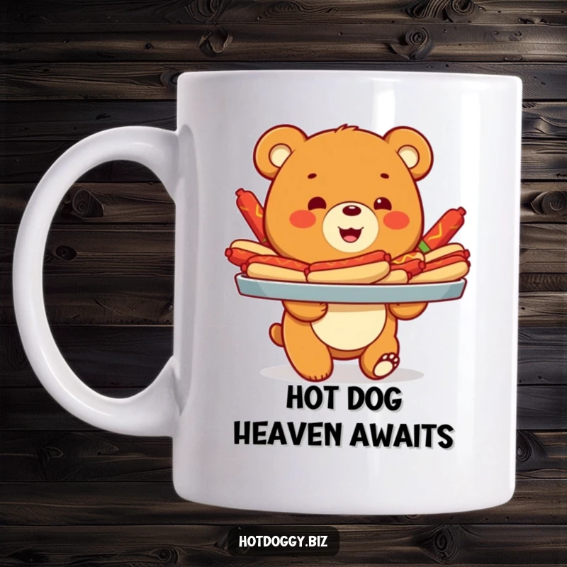 Funny mug featuring a smiling bear cub joyfully carrying a tray overloaded with vibrant, colorful hot dogs, symbolizing delightful excess.