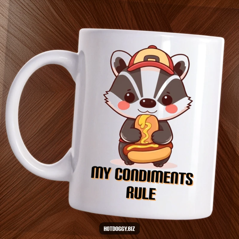 Funny, bold badger in a cap proudly smudges mustard on a miniature hot dog, exuding confidence on this eye-catching mug.
