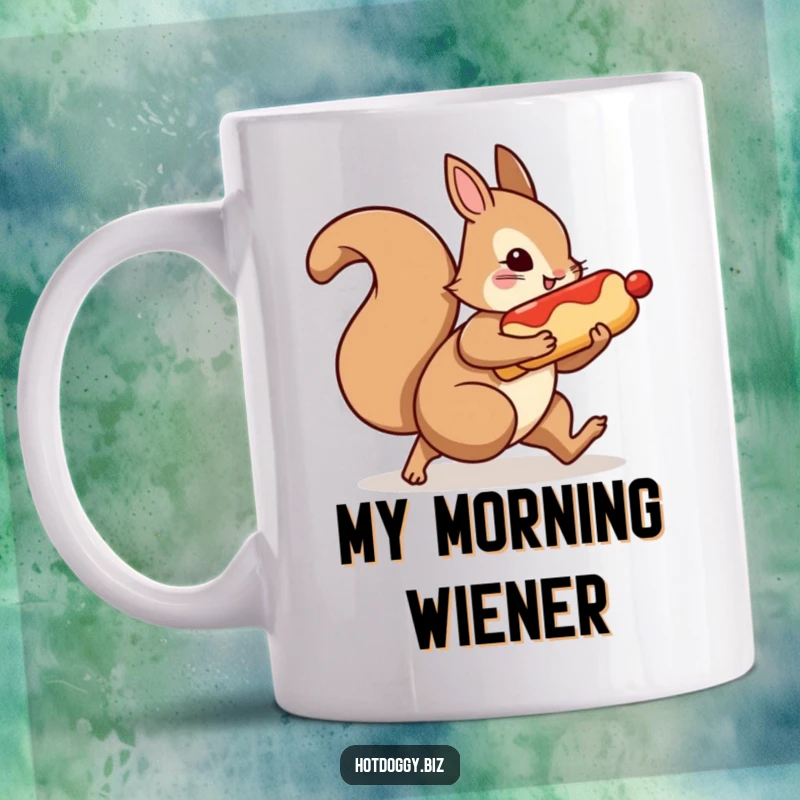 Funny mug showing a squirrel character quickly scurrying away with a stolen hot dog held securely.