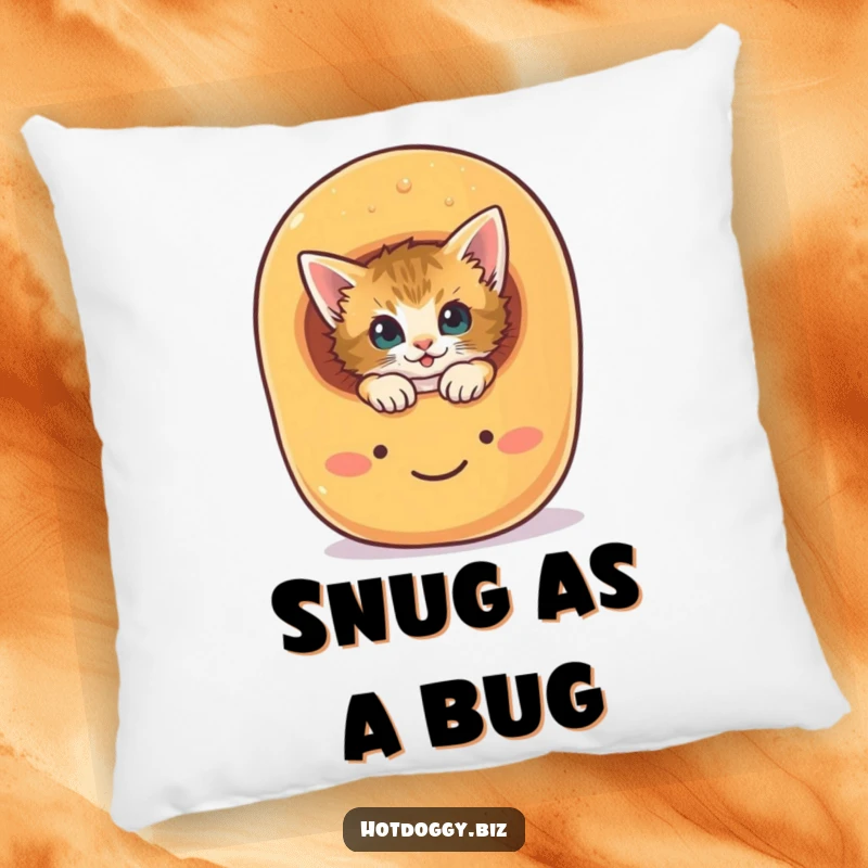 Funny curious kitten peeking out from a smiling hot dog bun on a plush pillow.