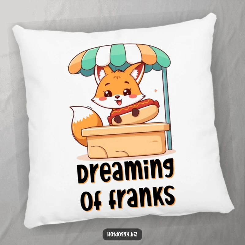 Funny pillow featuring a cute fox character serving a colossal hot dog from a food stand, perfect for snuggling.