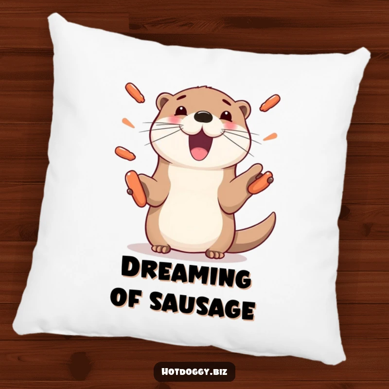 Funny otter pillow, featuring a playful otter with paws juggling mini hot dogs, perfect for adding humorous accents.