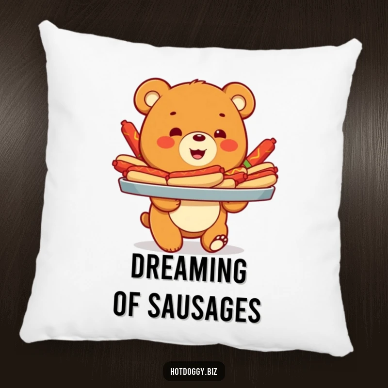 Funny pillow featuring a joyful bear cub balancing a tray overflowing with colorful and appealing hot dogs, adding whimsy.