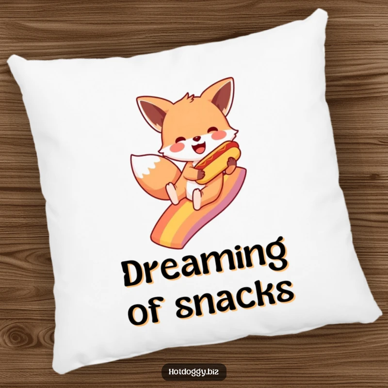 Funny fox slides down a vivid rainbow, a miniature hot dog in paw, offering plush comfort and a dose of pure silliness on a pillow.