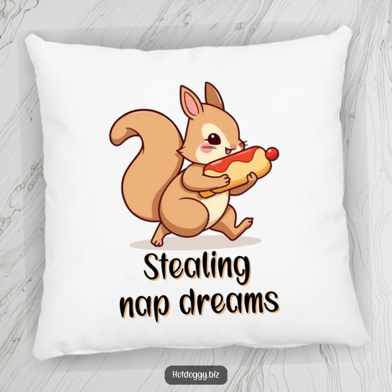 Funny pillow showing a squirrel character in the process of scurrying away with a hot dog.