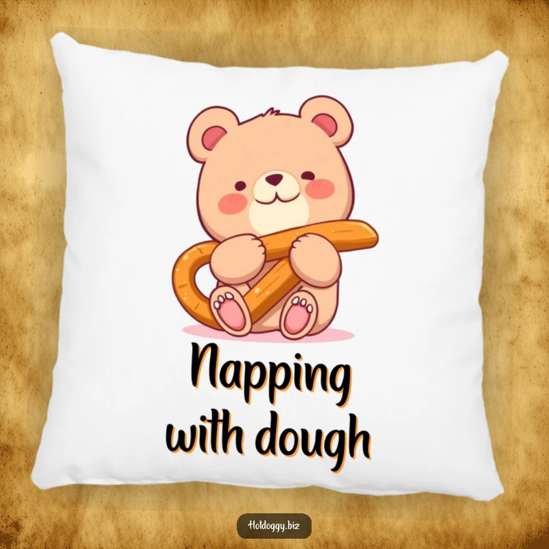 Funny pillow showing a happy small bear contentedly munching on a very large pretzel stick.