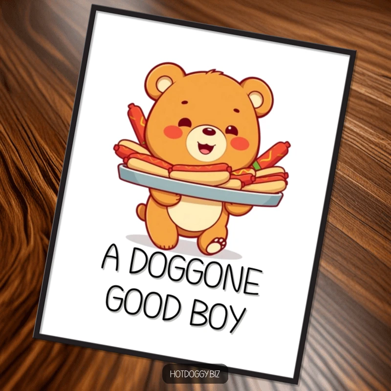 Funny digital art of a happy bear cub carrying a huge tray brimming with colorful hot dogs, perfect for wall decor.