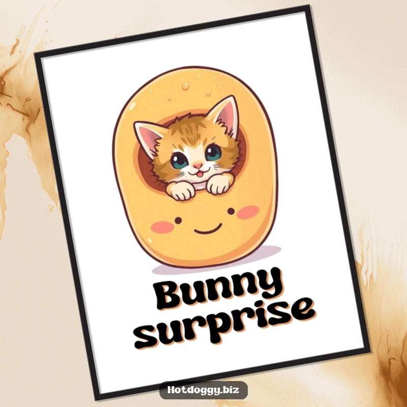 Funny curious kitten peeking out from a giant, smiling hot dog bun, as a digital art print.