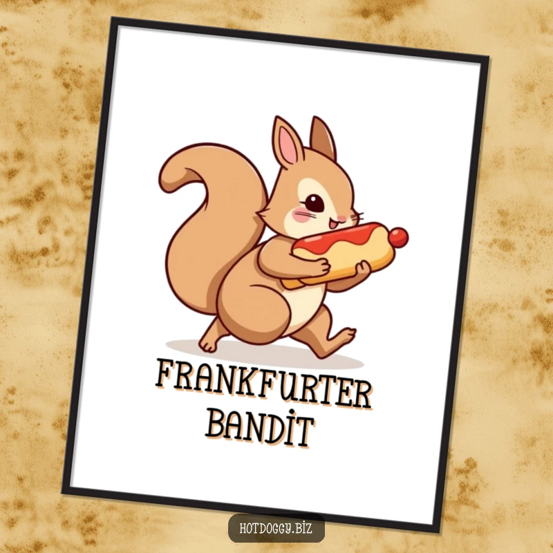 Funny digital art print of a squirrel charactermaking off with a hot dog, ready for framing.