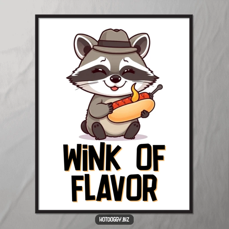 Funny raccoon in a tiny fedora winks while presenting a perfectly grilled miniature hot dog, delivering clever and humorous visual appeal in this digital art print.