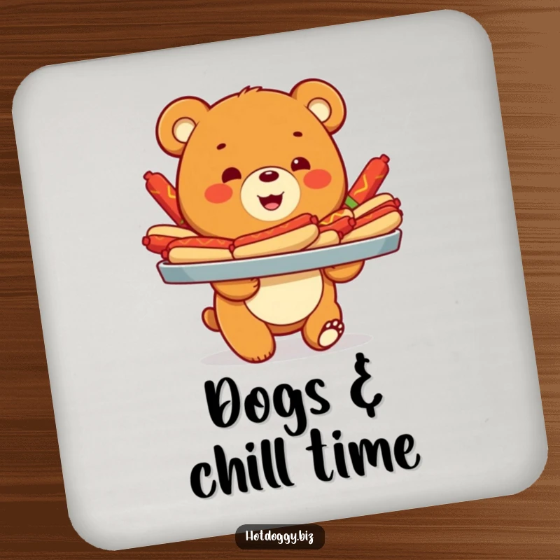Funny drink coaster featuring a delightful bear cub holding a tray overflowing with colorful hot dogs, adding humor to any table.