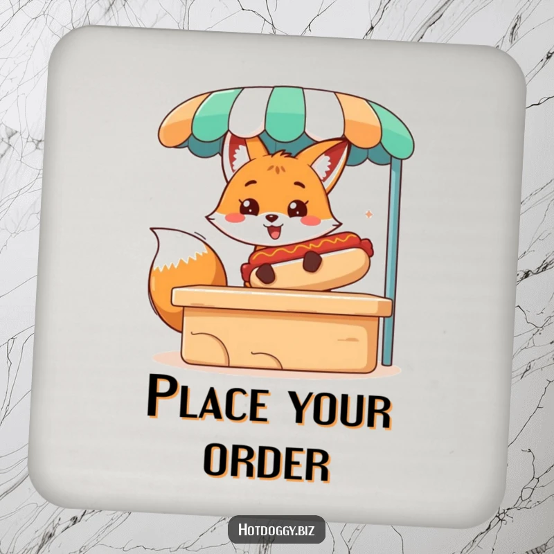 Funny drink coasters featuring a cheerful fox character serving a giant hot dog, adding humor to beverage service.