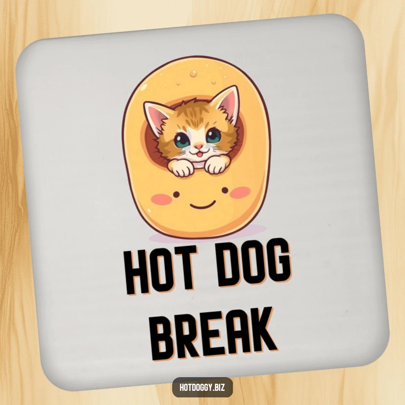 Funny curious kitten peeking out from a smiling hot dog bun on a set of drink coasters.