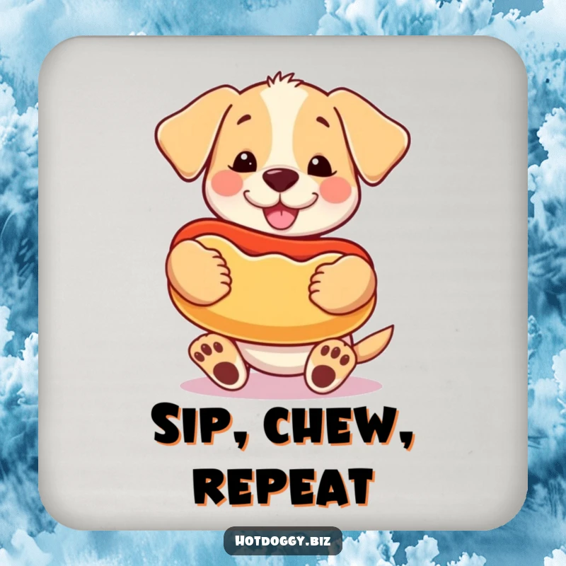 Funny happy puppy holding a giant cartoon hot dog like a prized toy on a set of drink coasters.