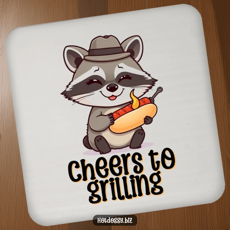 Funny raccoon wearing a tiny fedora winks while presenting a perfectly grilled miniature hot dog, offering witty and humorous surface protection with this coaster.