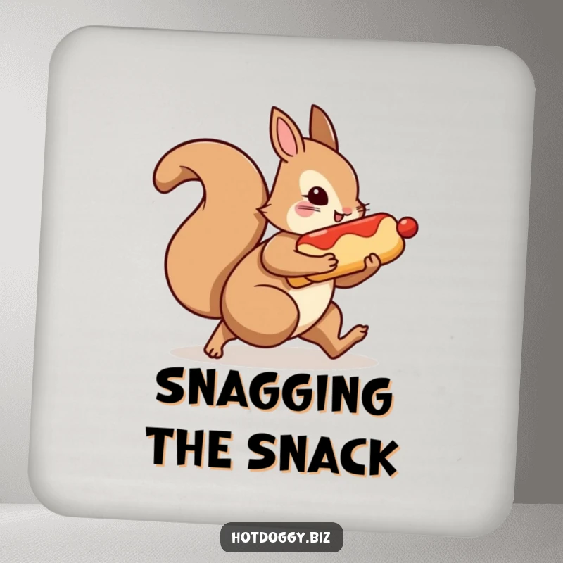 Funny drink coasters featuring a squirrel character scurrying with a hot dog under its arm.