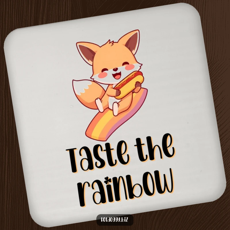 Funny fox joyfully slides down a colorful rainbow, a miniature hot dog in paw, adding a playful and protective touch to surfaces on a coaster.