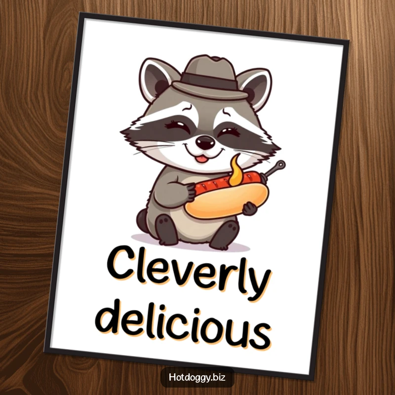 Funny raccoon in a tiny fedora winks while presenting a perfectly grilled miniature hot dog, exuding clever humor and charm on this poster.