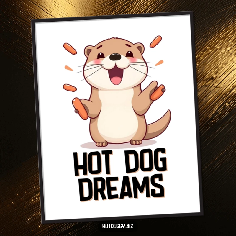 Funny otter poster, showing a playful otter with paws juggling mini hot dogs, a comical and eye-catching piece of wall art.