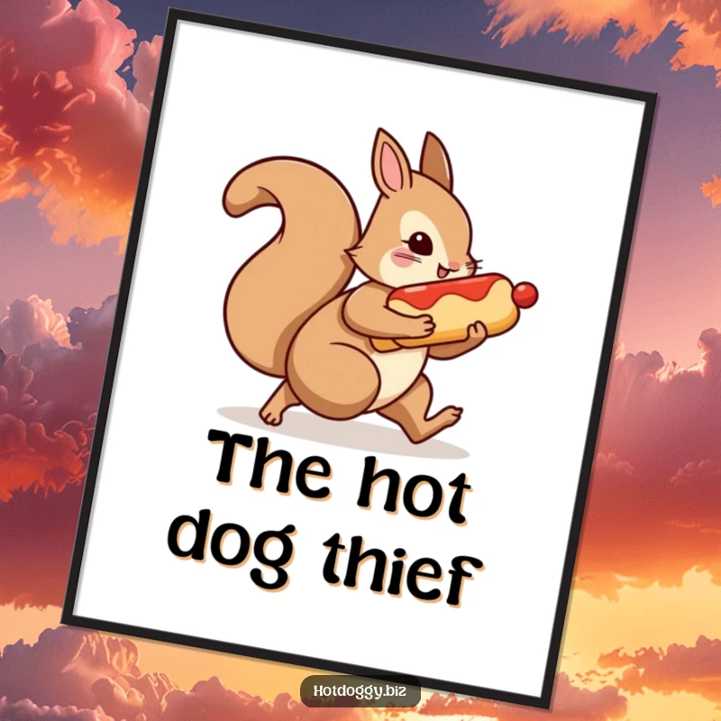 Funny poster art featuring a squirrel character in a hurry, carrying a hot dog under its arm.