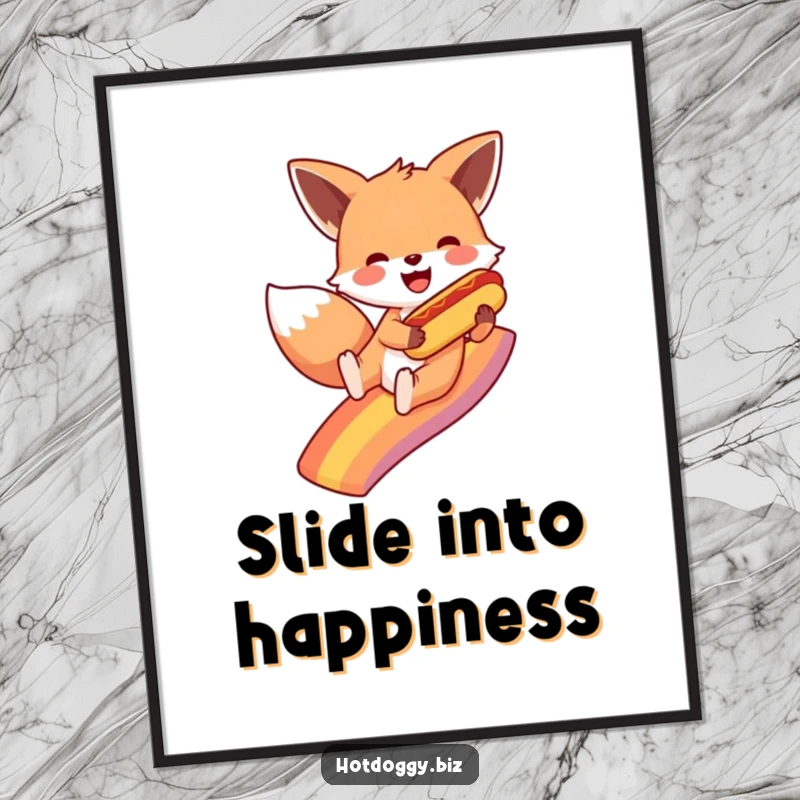 Funny fox in mid-slide down a spectacular rainbow, a small hot dog held tight, capturing a moment of pure, hilarious bliss on a poster.