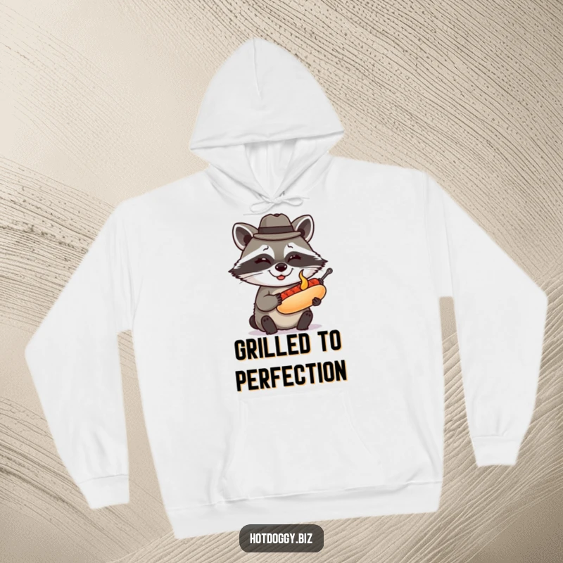 Funny raccoon in a fedora winks while presenting a perfectly grilled miniature hot dog, bringing cozy and clever humor to this hoodie.