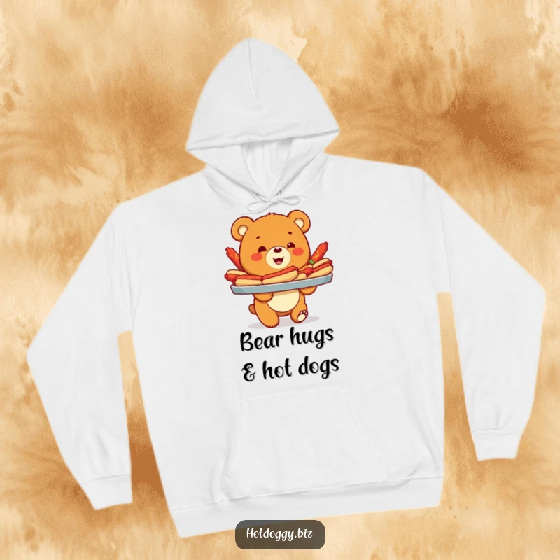 Funny hoodie depicting a cheerful bear cub with a huge tray piled high with delicious, colorful hot dogs, perfect for food lovers.