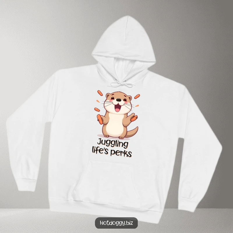 Funny otter hoodie, depicting a playful otter with paws juggling mini hot dogs, perfect for cozy and humorous wear.