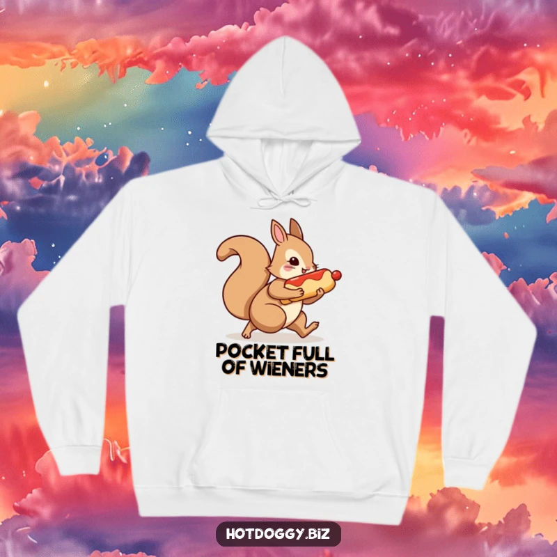 Funny hoodie featuring a squirrel character making a speedy getaway with a large hot dog under its arm.
