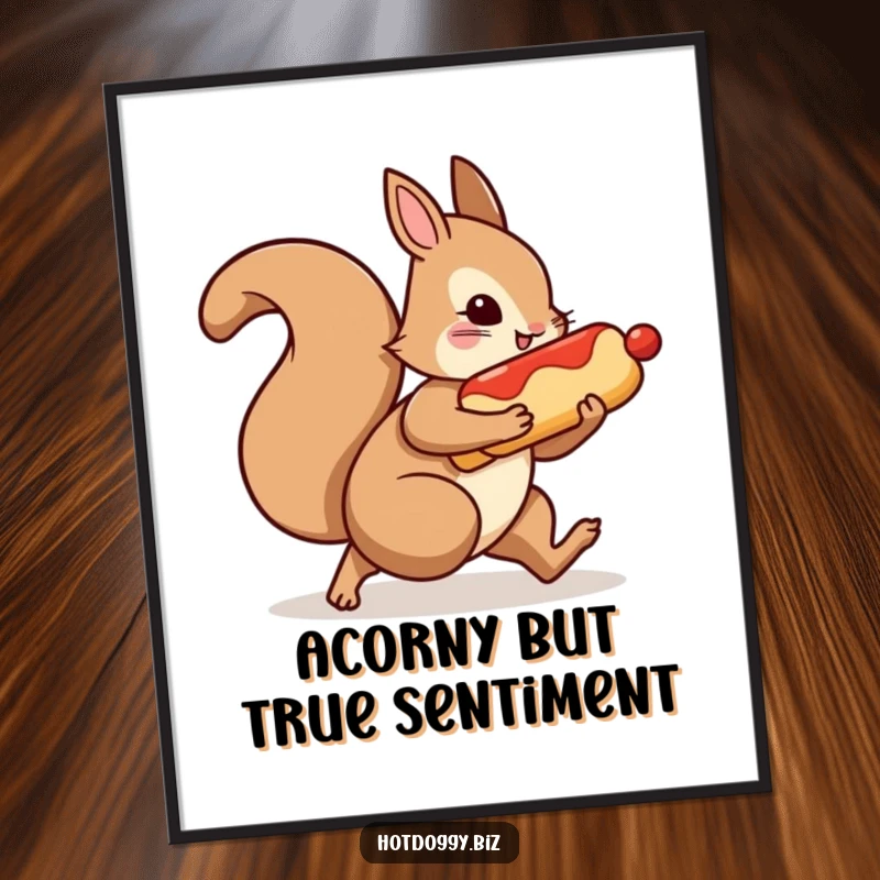 Funny Free Printable Wall Art: A determined squirrel scurries by, a hot dog tucked comically under its arm.
