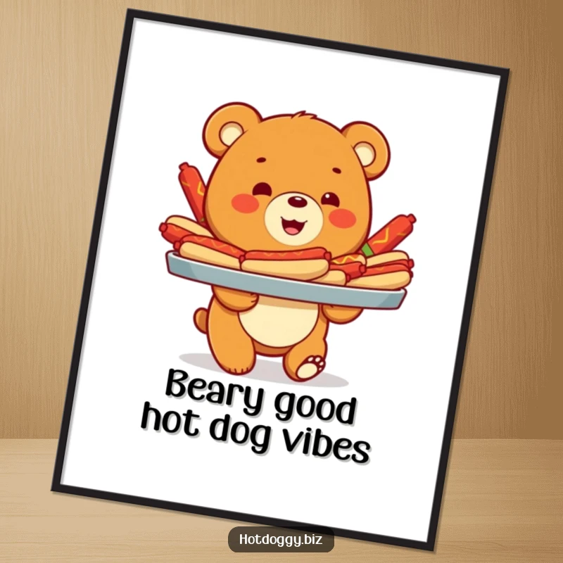 Funny Free Printable Wall Art: A happy bear cub carries a tray overflowing with colorful hot dogs, perfect for kitchen or man cave decor.