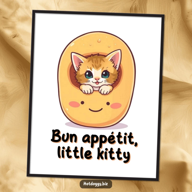 Funny Free Printable Wall Art: A curious kitten peeks its head out from a giant, smiling hot dog bun.