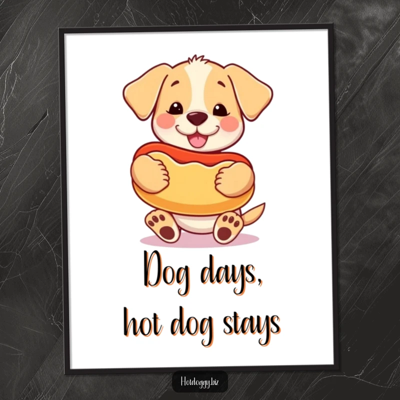 Funny Free Printable Wall Art: A happy puppy holds a giant, cartoon-style hot dog, cherishing it like a prized toy.