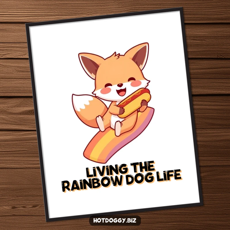 Funny Free Printable Wall Art: Playful fox joyfully sliding down a vibrant rainbow, clutching a hot dog.