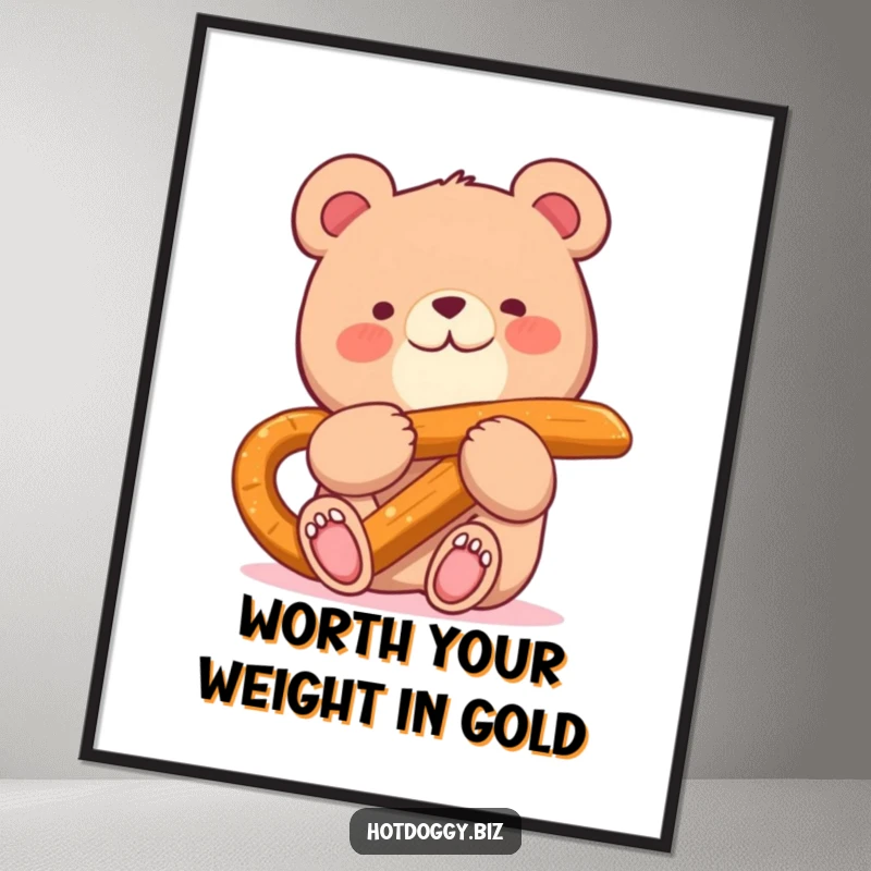 Funny Free Printable Wall Art: A small, contented bear happily eats a very large pretzel stick.