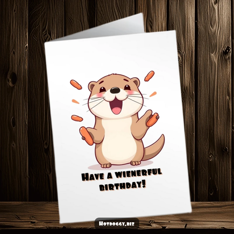 Funny Free Printable Birthday Card: Playful otter with paws skillfully juggling several mini hot dogs, wishing a very happy birthday.