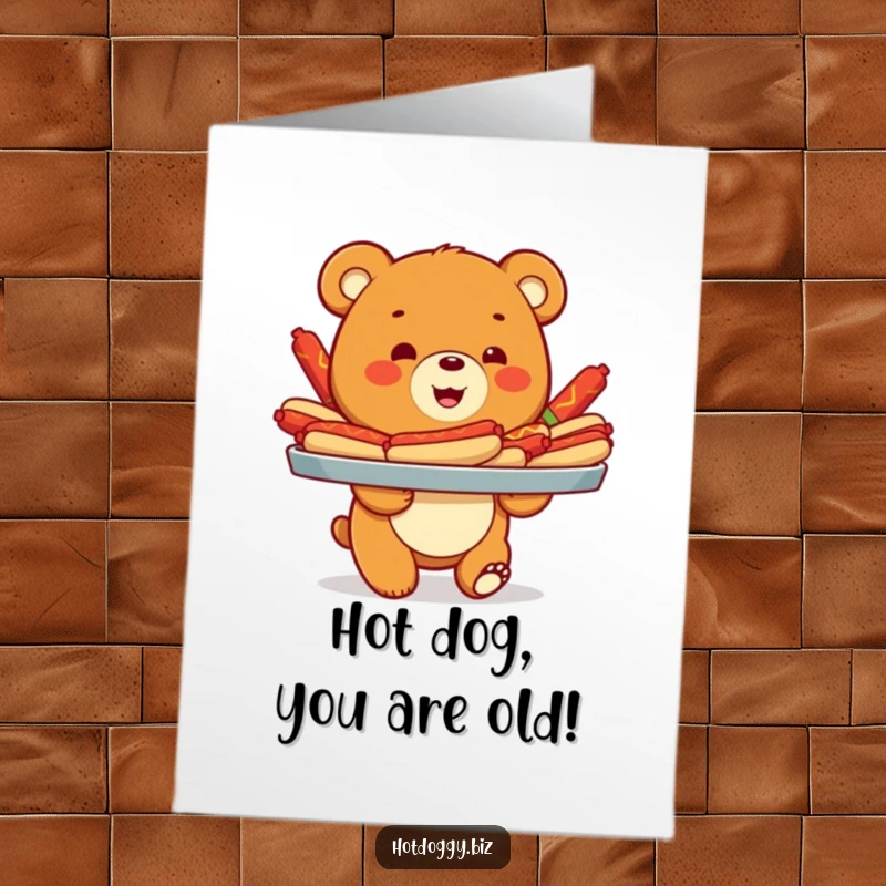 Funny Free Printable Birthday Card: Smiling bear cub joyfully carries a tray piled high with colorful hot dogs for a festive celebration.