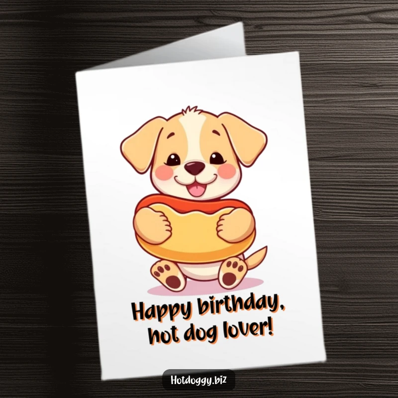 Funny Free Printable Birthday Card: A happy puppy proudly holds a giant, cartoonish hot dog like a treasured toy.