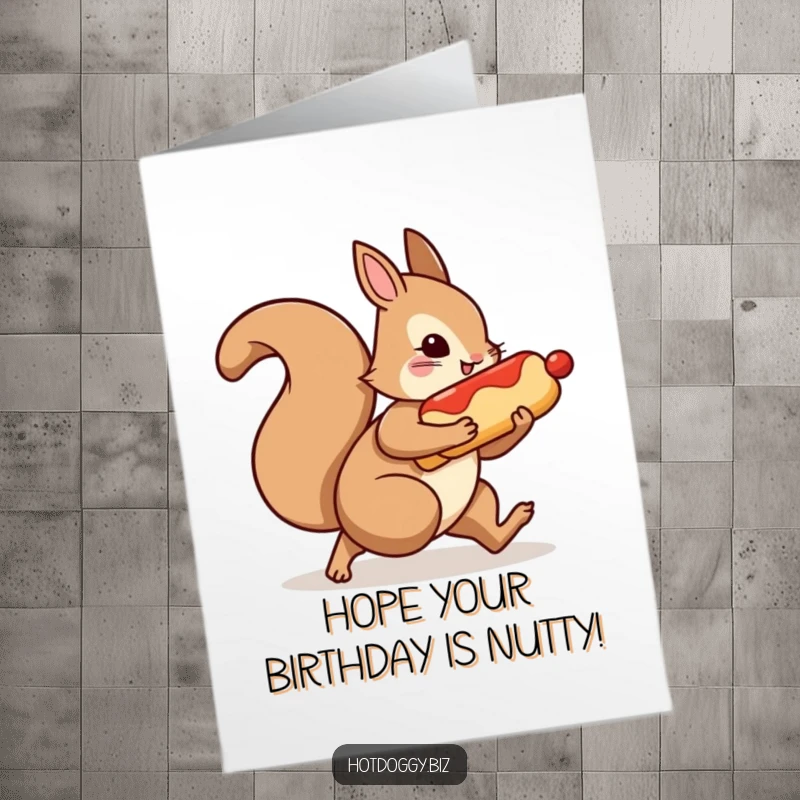Funny Free Printable Birthday Card: A mischievous squirrel scurries away with a whole hot dog held tightly.